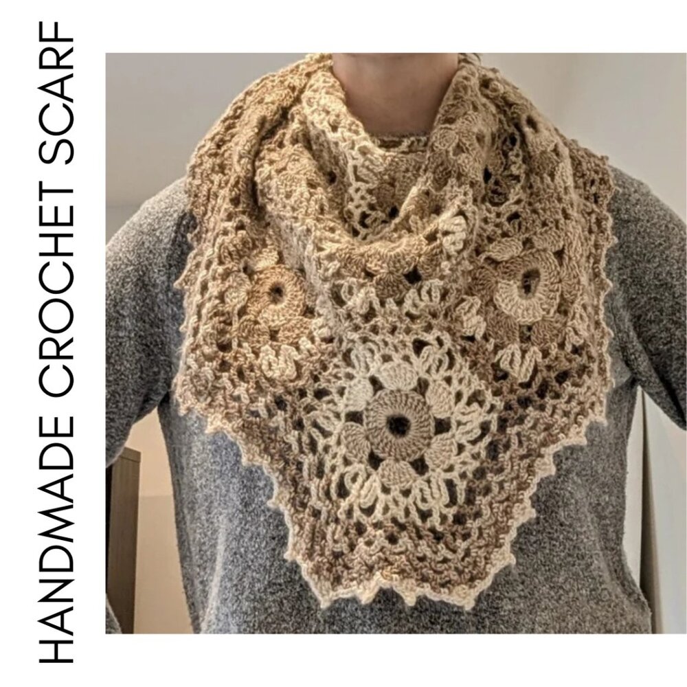 Handcrafted Crochet Flower Hexagon Shawl Brown Beige Ombre Scarf 61" x 23"